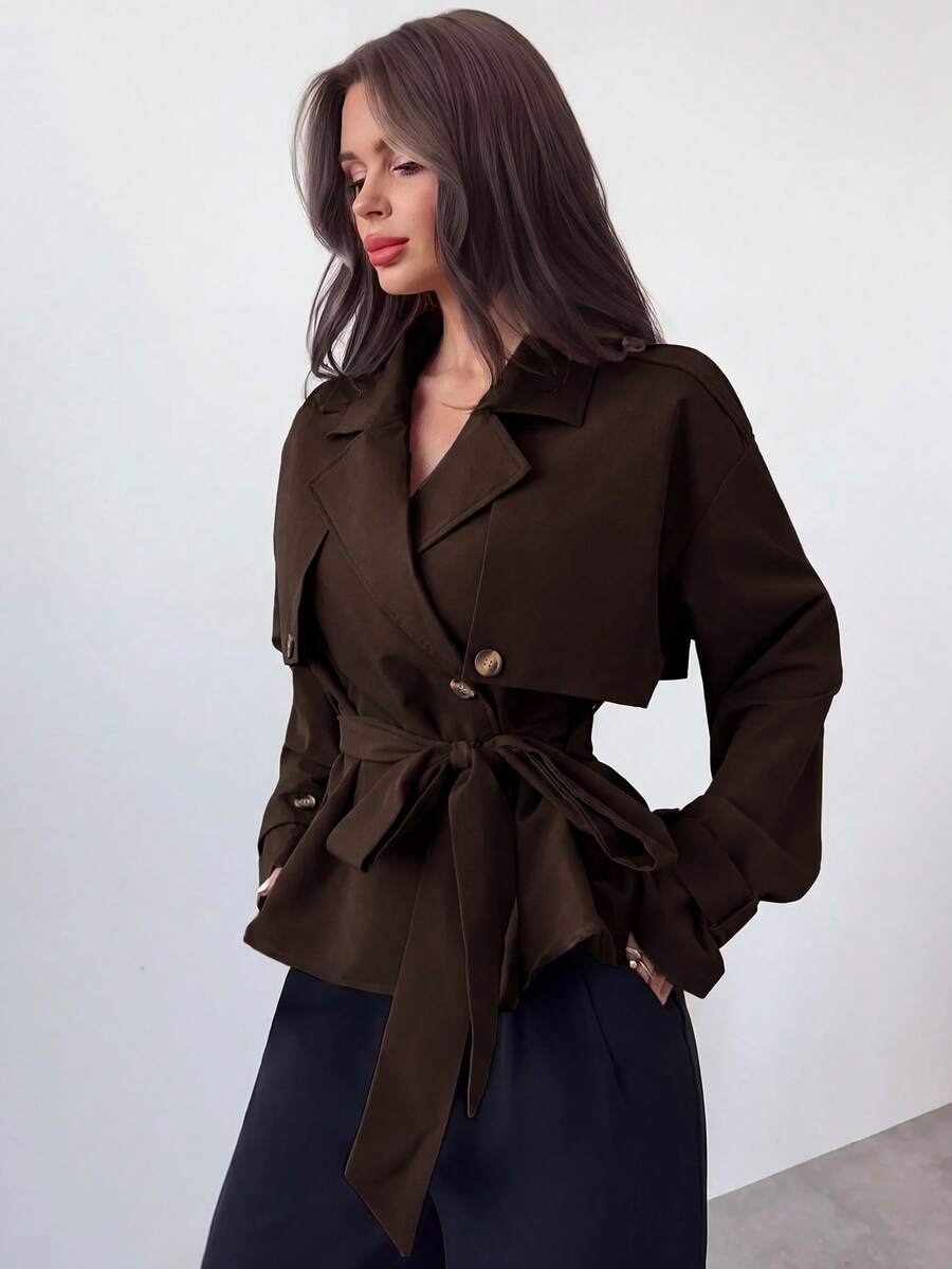 Ilse Cropped Belted Trench Coat with Tie Waist and Collar - Chocolate Brown
