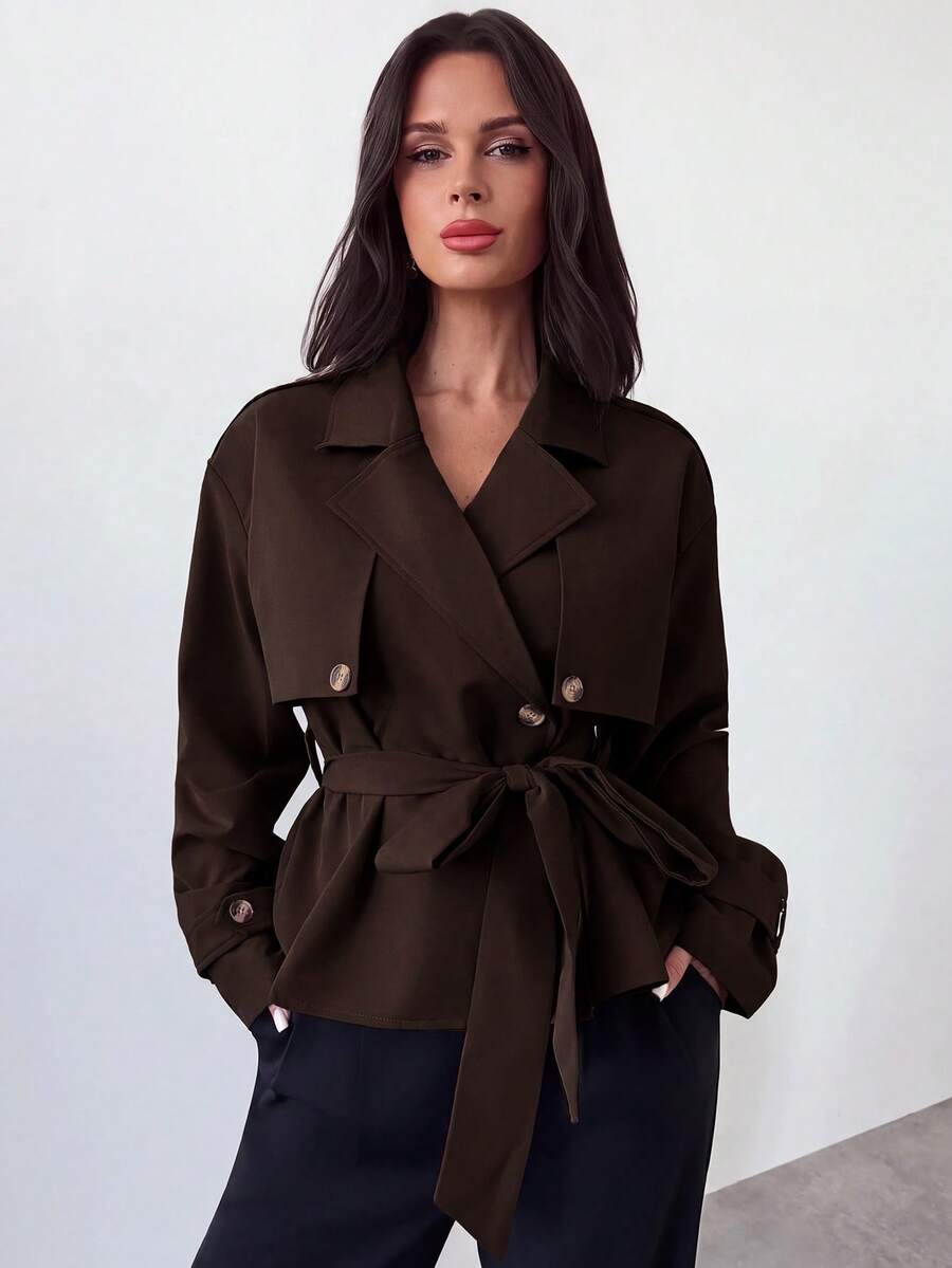 Ilse Cropped Belted Trench Coat with Tie Waist and Collar - Chocolate Brown