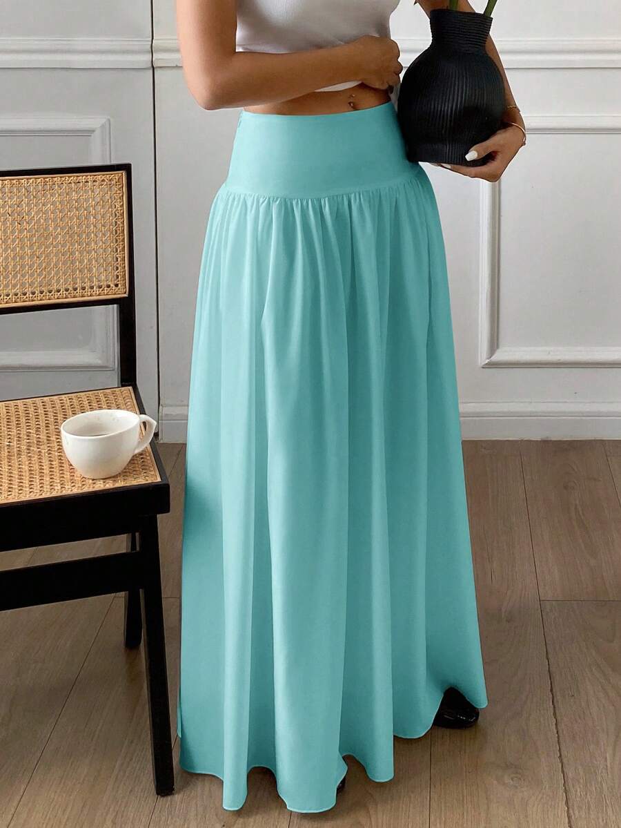 Cressida High Waist Wide Waistband Pleated Maxi Skirt - Aqua
