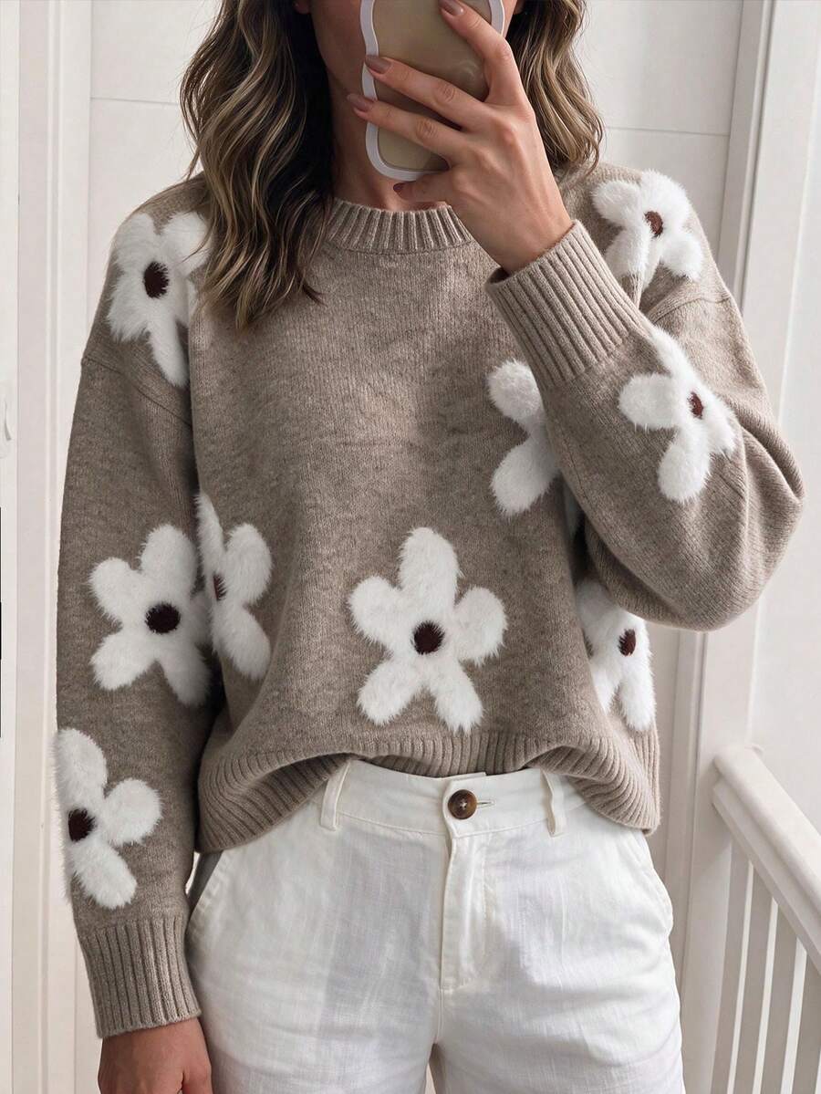 Audrey Striped Drop Shoulder Pullover Sweater - Grey