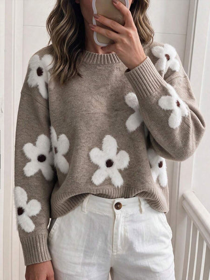 Audrey Striped Drop Shoulder Pullover Sweater - Grey