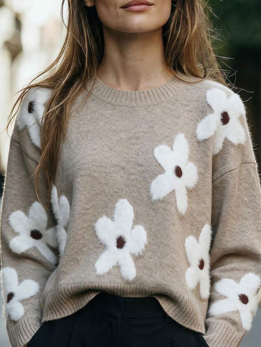 Audrey Striped Drop Shoulder Pullover Sweater - Khaki