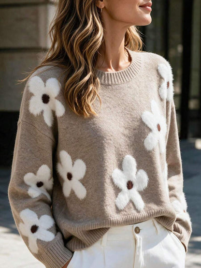 Audrey Striped Drop Shoulder Pullover Sweater - Apricot