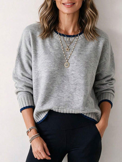 Audrey Striped Drop Shoulder Pullover Sweater - Grey