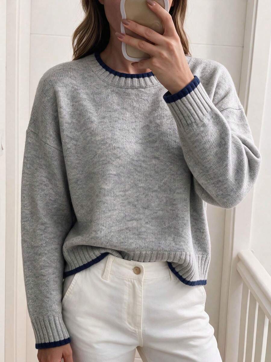 Audrey Striped Drop Shoulder Pullover Sweater - Olive Green