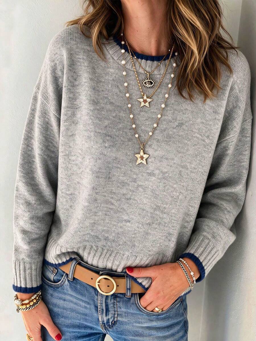 Audrey Striped Drop Shoulder Pullover Sweater - Grey