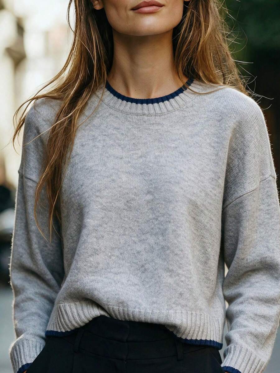 Audrey Striped Drop Shoulder Pullover Sweater - Khaki