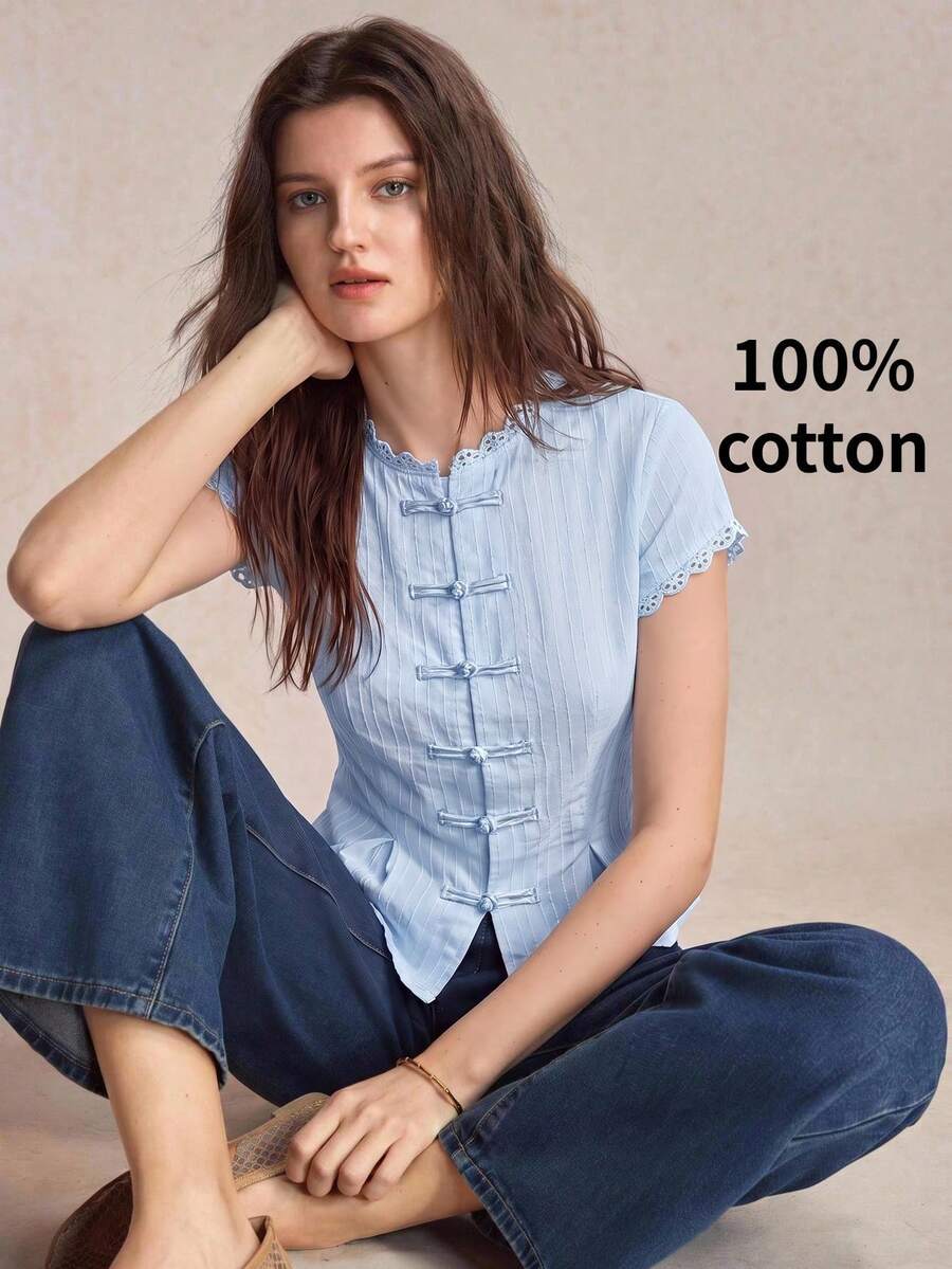 Mirabel Lace Trim Frog Button Short Sleeve Cotton Blouse - Light Blue