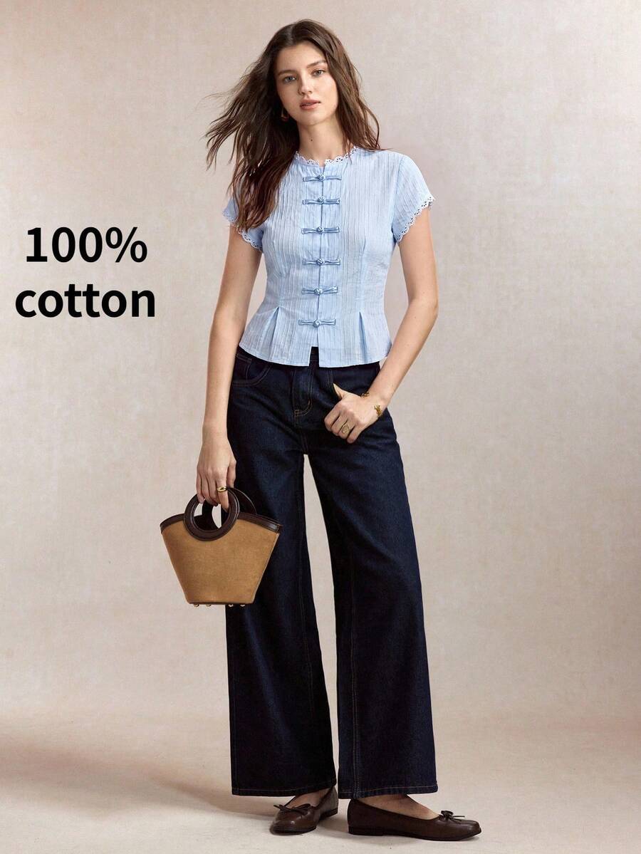 Mirabel Lace Trim Frog Button Short Sleeve Cotton Blouse - Light Blue