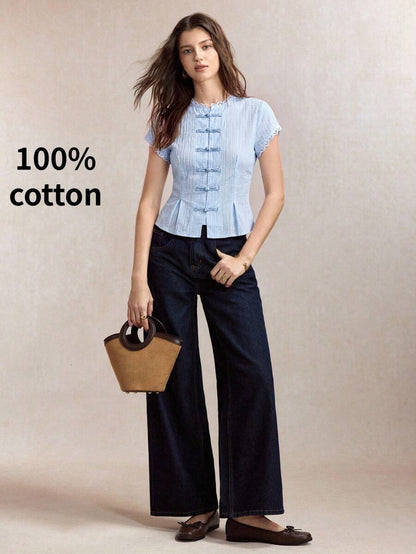 Mirabel Lace Trim Frog Button Short Sleeve Cotton Blouse - Light Blue