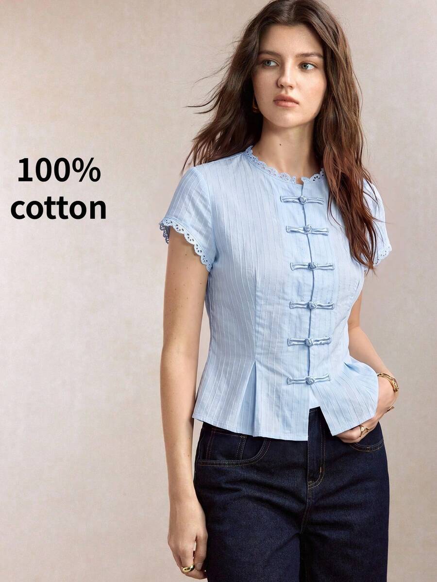 Mirabel Lace Trim Frog Button Short Sleeve Cotton Blouse - Light Blue