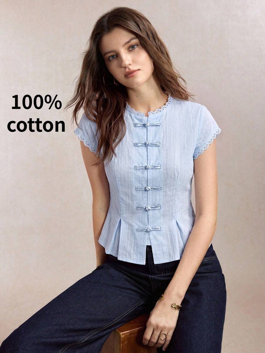 Mirabel Lace Trim Frog Button Short Sleeve Cotton Blouse - Light Blue