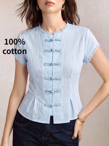 Mirabel Lace Trim Frog Button Short Sleeve Cotton Blouse - Light Blue