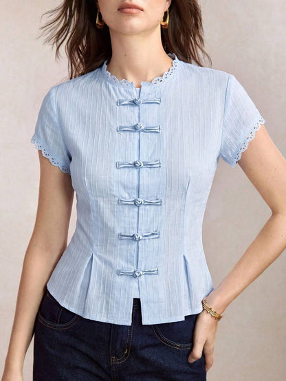 Mirabel Lace Trim Frog Button Short Sleeve Cotton Blouse - Light Blue