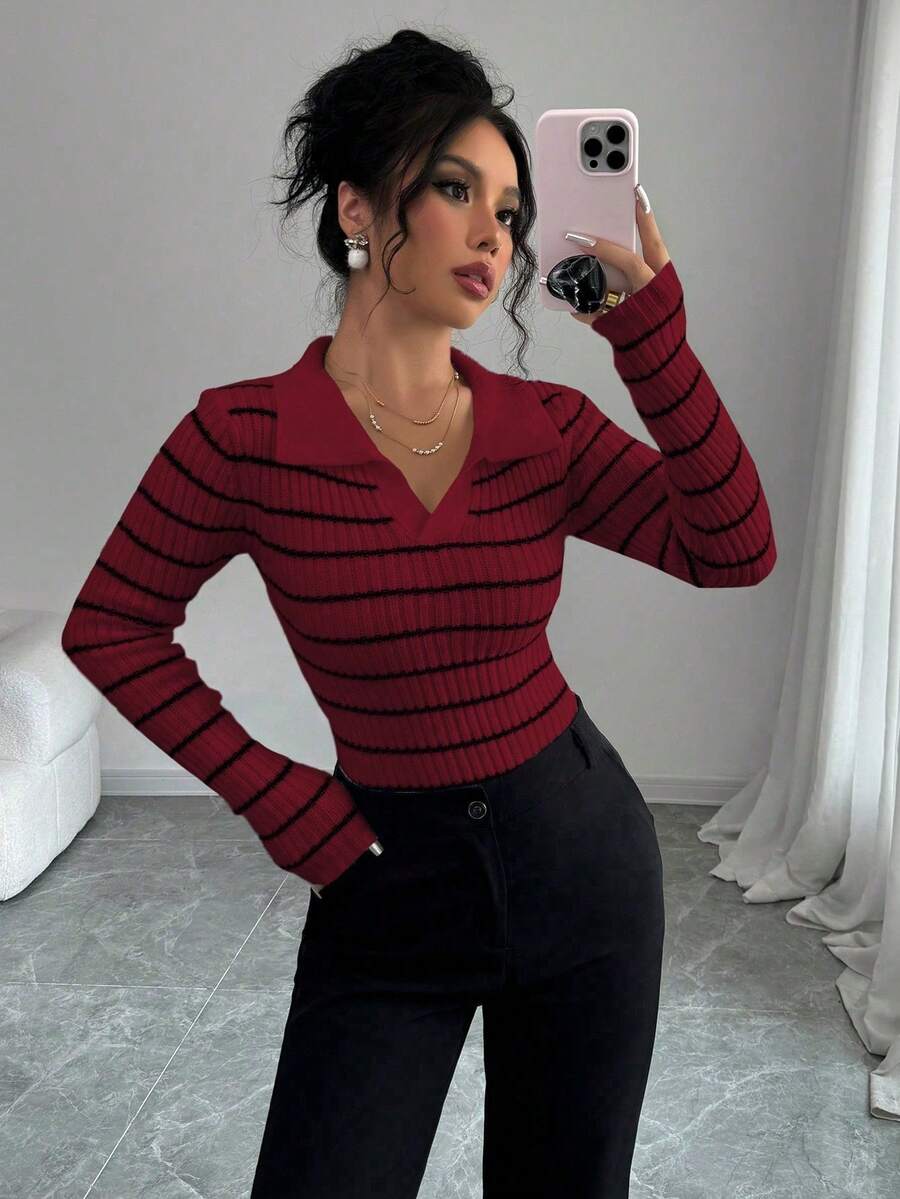 Margot Striped Slim Fit Pullover Sweater - Burgundy