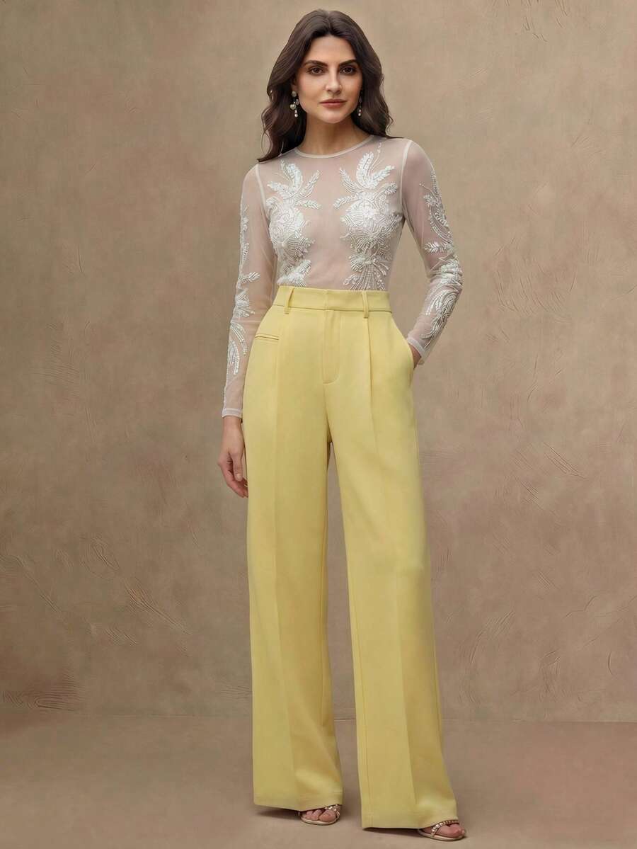 Women's Belted Straight Leg Suit Trousers, Stretch Dress Pants for Work Office - Burgundy