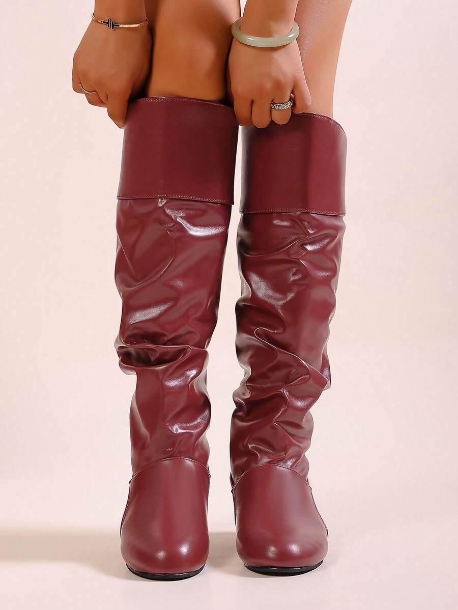 Elegant & Stylish Women's Comfortable Slip-On Knee-High Boots, Round Toe, Chunky Heel, Pleated Design, Plus Size, New Autumn/Winter 2025 Collection,Party Mensa