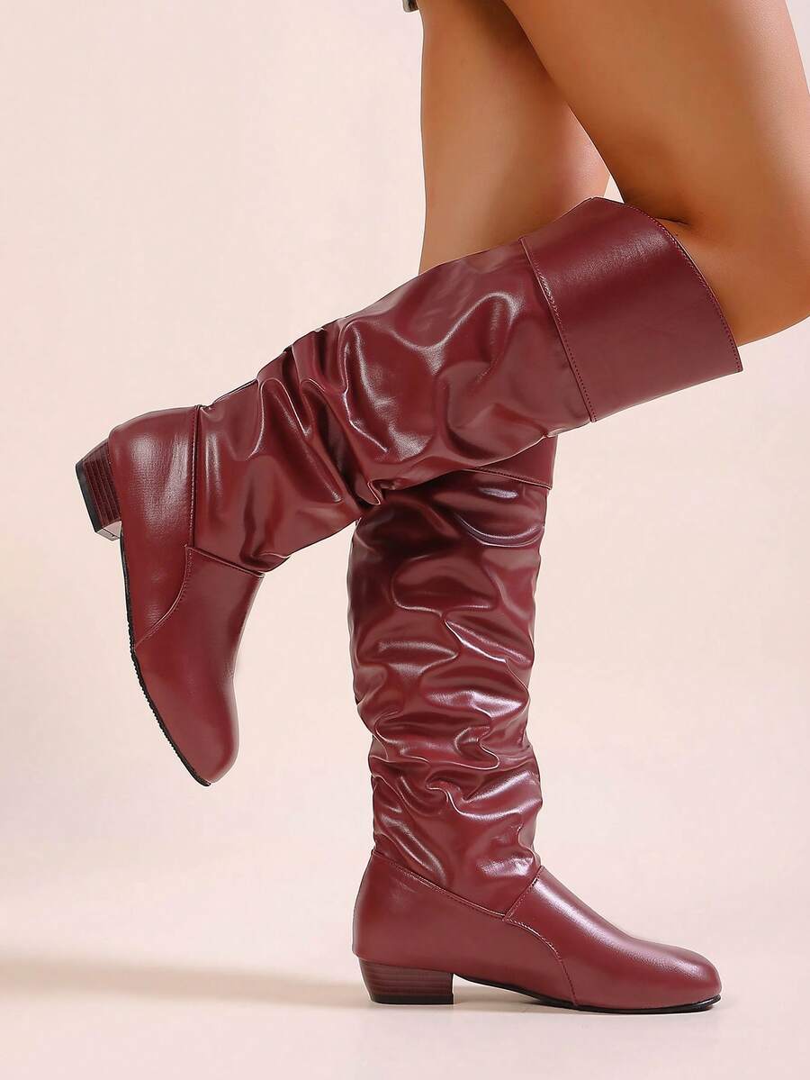 Elegant & Stylish Women's Comfortable Slip-On Knee-High Boots, Round Toe, Chunky Heel, Pleated Design, Plus Size, New Autumn/Winter 2025 Collection,Party Mensa