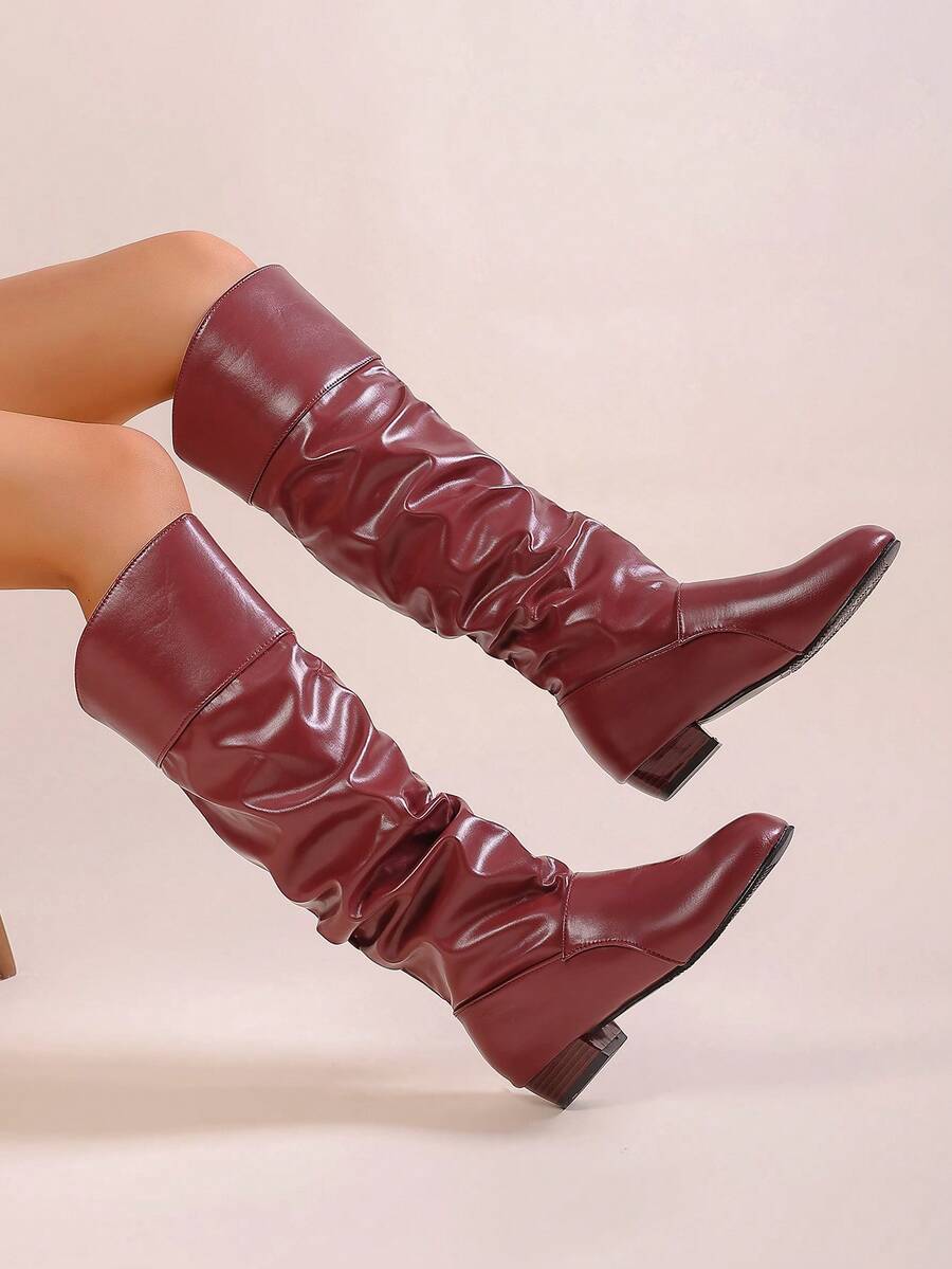 Elegant & Stylish Women's Comfortable Slip-On Knee-High Boots, Round Toe, Chunky Heel, Pleated Design, Plus Size, New Autumn/Winter 2025 Collection,Party Mensa