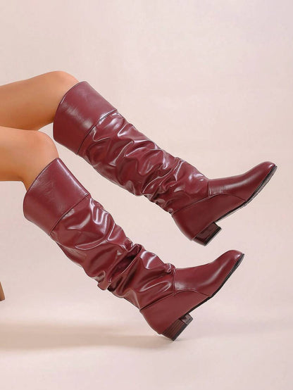 Elegant & Stylish Women's Comfortable Slip-On Knee-High Boots, Round Toe, Chunky Heel, Pleated Design, Plus Size, New Autumn/Winter 2025 Collection,Party Mensa