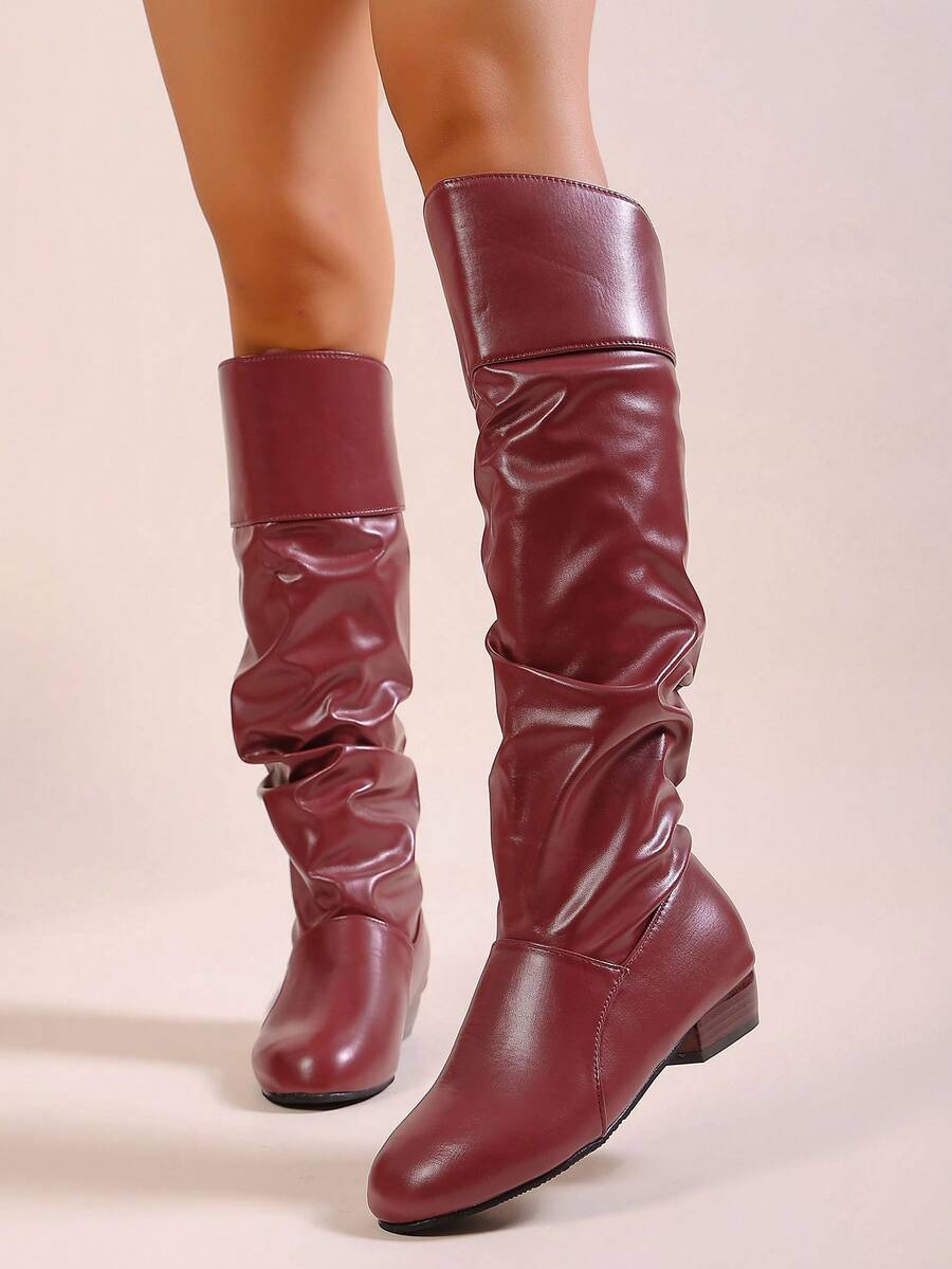 Elegant & Stylish Women's Comfortable Slip-On Knee-High Boots, Round Toe, Chunky Heel, Pleated Design, Plus Size, New Autumn/Winter 2025 Collection,Party Mensa