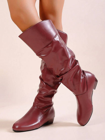 Elegant & Stylish Women's Comfortable Slip-On Knee-High Boots, Round Toe, Chunky Heel, Pleated Design, Plus Size, New Autumn/Winter 2025 Collection,Party Mensa