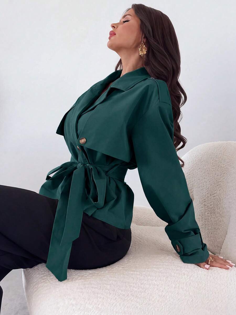 Ilse Cropped Belted Trench Coat with Tie Waist and Collar - Teal