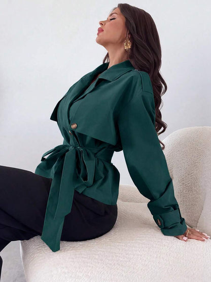 Ilse Cropped Belted Trench Coat with Tie Waist and Collar - Teal