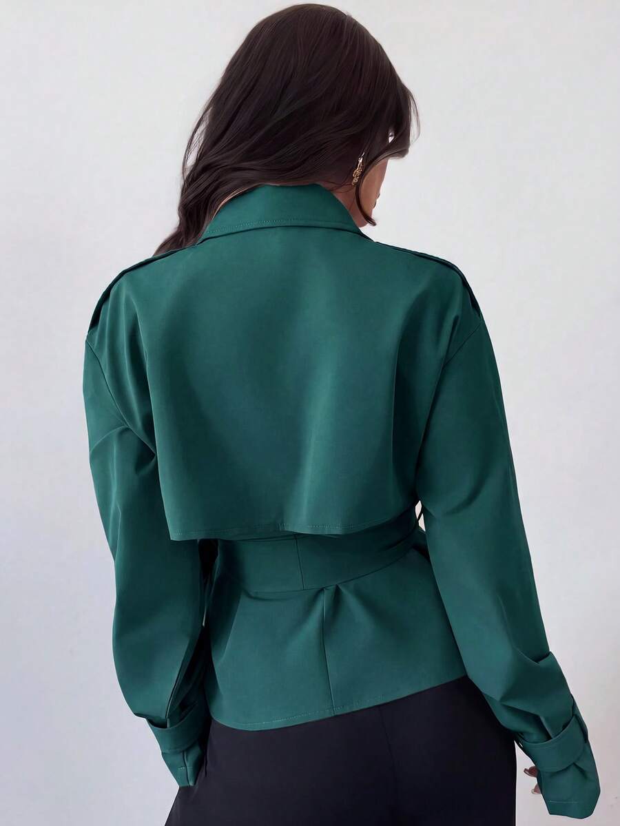 Ilse Cropped Belted Trench Coat with Tie Waist and Collar - Teal