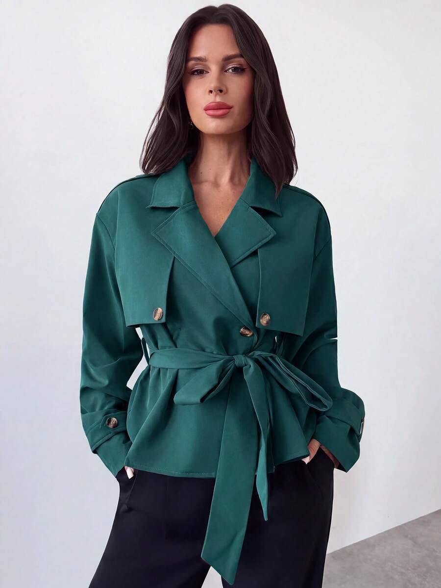Ilse Cropped Belted Trench Coat with Tie Waist and Collar - Teal