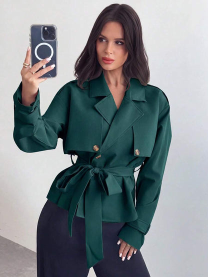 Ilse Cropped Belted Trench Coat with Tie Waist and Collar - Teal