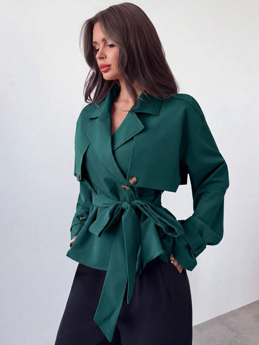 Ilse Cropped Belted Trench Coat with Tie Waist and Collar - Teal