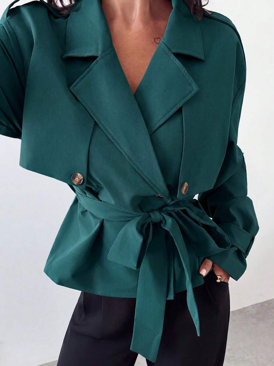 Ilse Cropped Belted Trench Coat with Tie Waist and Collar - Teal