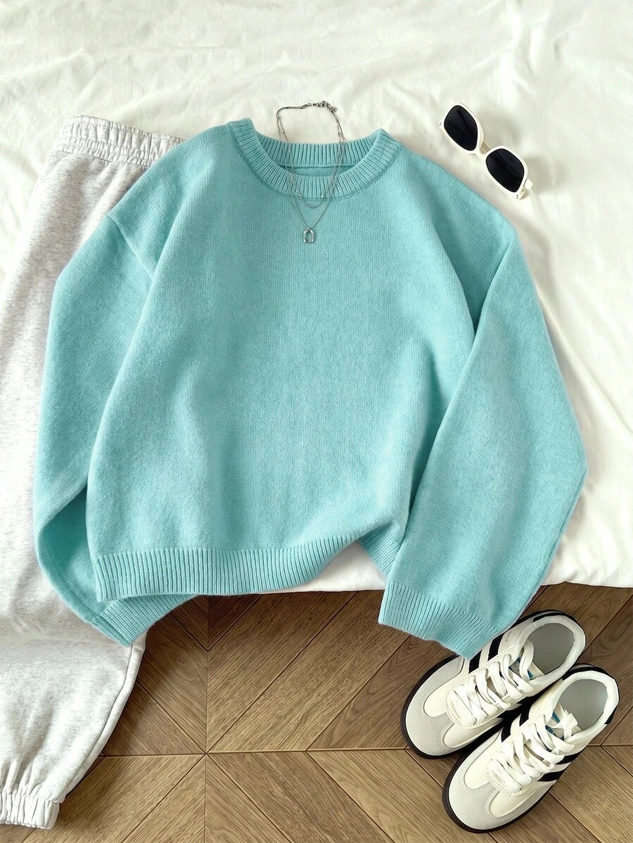 Women's Oversized Crew Neck Pullover Sweater, Relaxed Knit Sweater for Fall Winter - Apricot