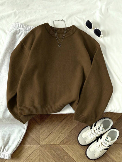 Women's Oversized Crew Neck Pullover Sweater, Relaxed Knit Sweater for Fall Winter - Apricot