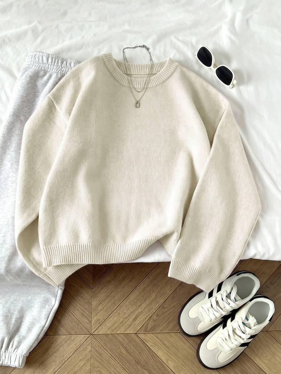 Women's Oversized Crew Neck Pullover Sweater, Relaxed Knit Sweater for Fall Winter - White