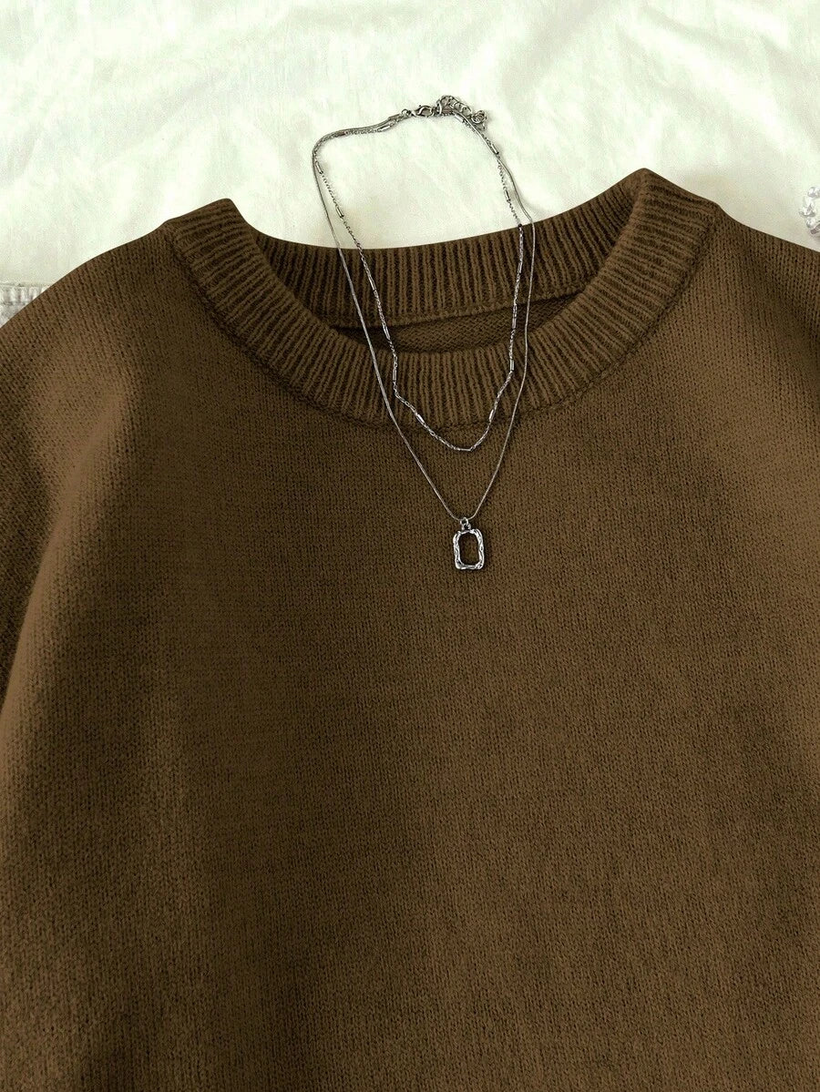 Women's Oversized Crew Neck Pullover Sweater, Relaxed Knit Sweater for Fall Winter - Dark Grey