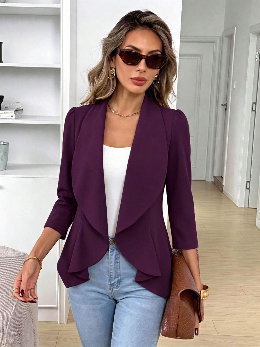 Octavia Waterfall Collar Open Front Asymmetric Hem Knit Blazer - Plum