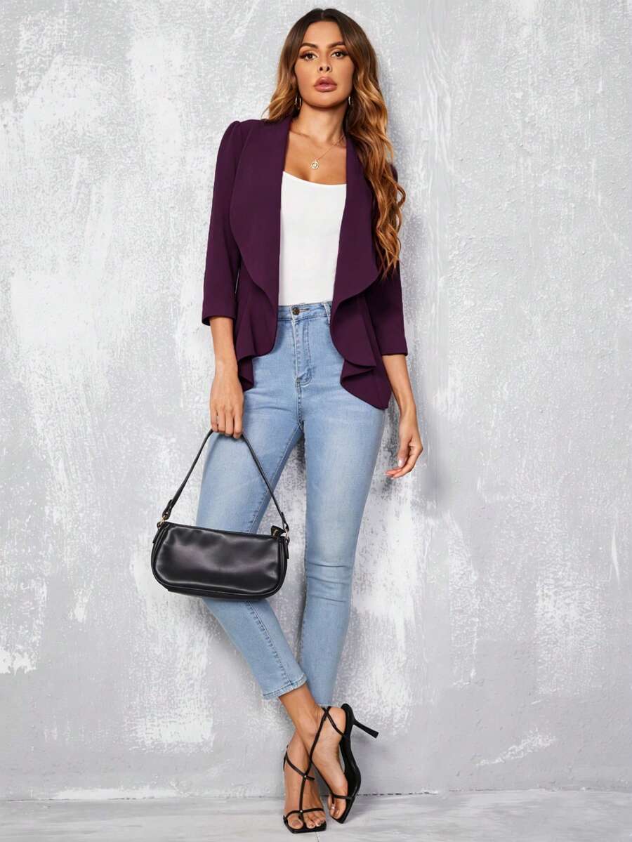 Octavia Waterfall Collar Open Front Asymmetric Hem Knit Blazer - Plum