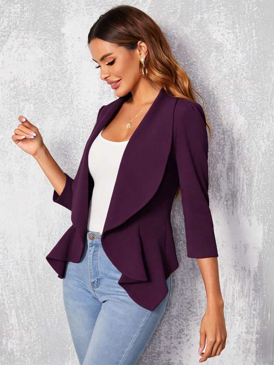 Octavia Waterfall Collar Open Front Asymmetric Hem Knit Blazer - Plum