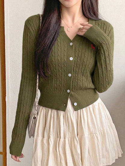 Women's Fitted V-Neck Button Front Cardigan, Twist Knit Sweater for Work and Fall - Green