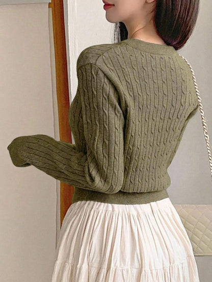Women's Fitted V-Neck Button Front Cardigan, Twist Knit Sweater for Work and Fall - Black