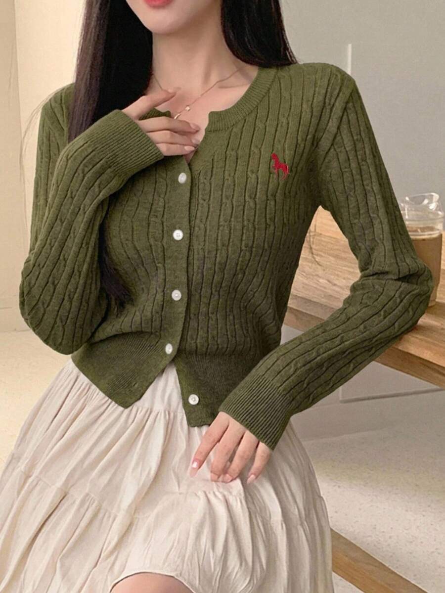 Women's Fitted V-Neck Button Front Cardigan, Twist Knit Sweater for Work and Fall - Brown