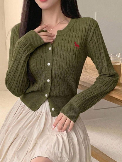Women's Fitted V-Neck Button Front Cardigan, Twist Knit Sweater for Work and Fall - Brown