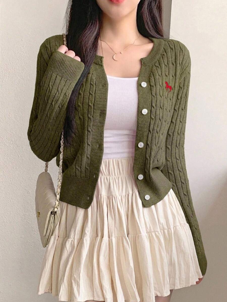 Women's Fitted V-Neck Button Front Cardigan, Twist Knit Sweater for Work and Fall - Green