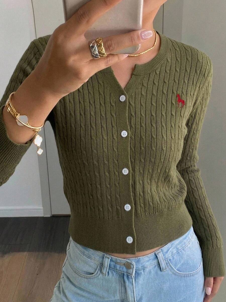 Women's Fitted V-Neck Button Front Cardigan, Twist Knit Sweater for Work and Fall - Grey