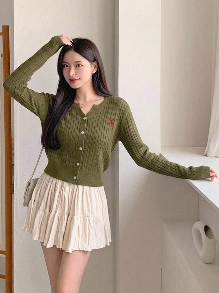 Women's Fitted V-Neck Button Front Cardigan, Twist Knit Sweater for Work and Fall - Khaki