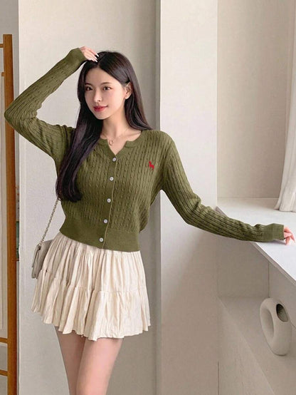 Women's Fitted V-Neck Button Front Cardigan, Twist Knit Sweater for Work and Fall - Khaki