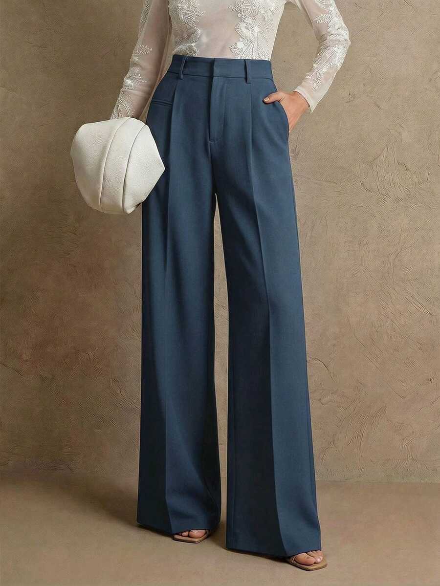Women's Belted Straight Leg Suit Trousers, Stretch Dress Pants for Work Office - Burgundy