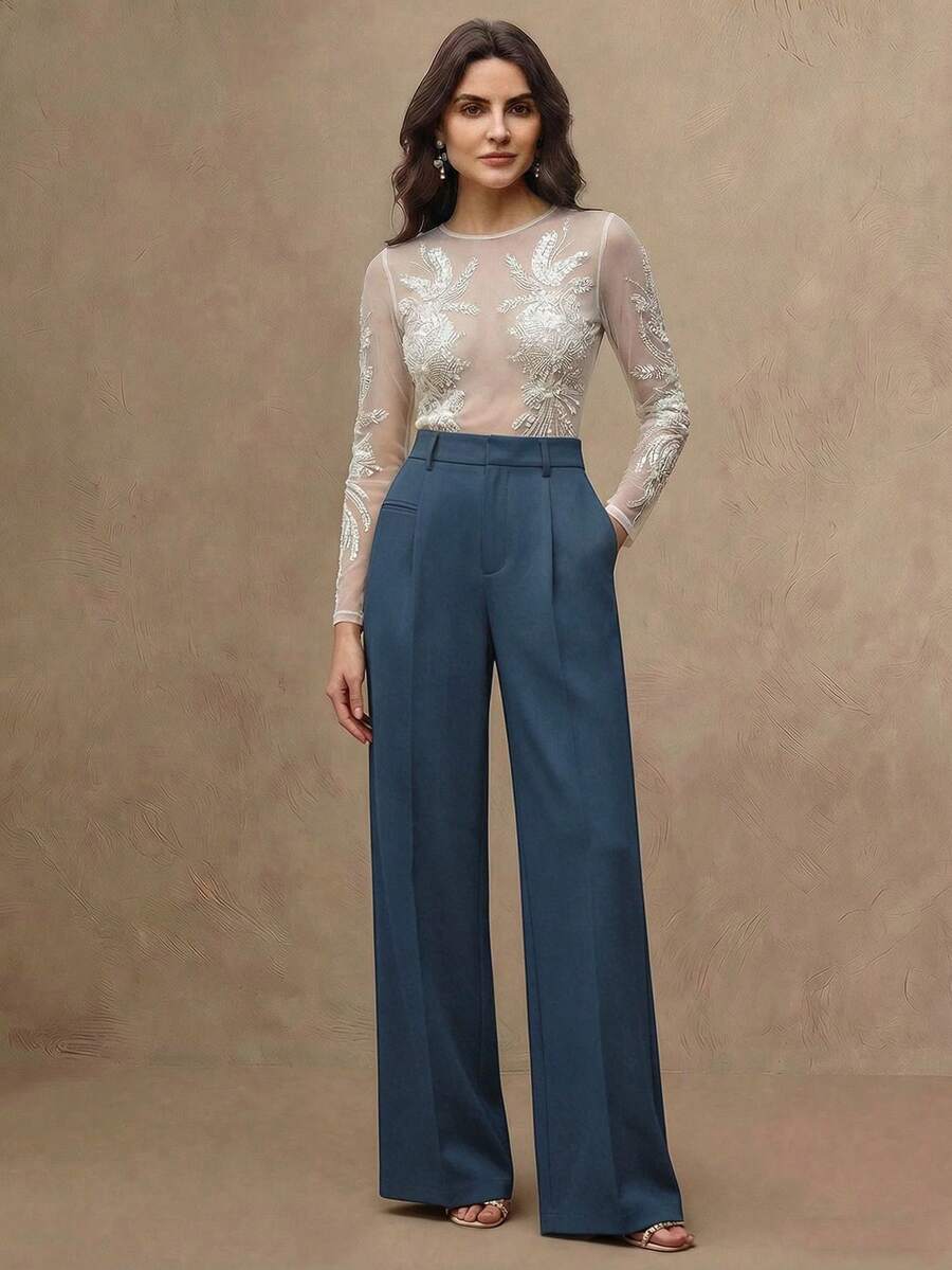 Women's Belted Straight Leg Suit Trousers, Stretch Dress Pants for Work Office - Royal Blue